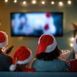 Una famiglia con i cappelli di Babbo Natale vede un film